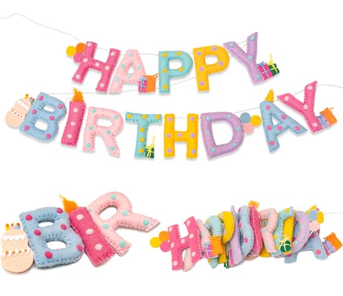 あらかじめ張られたHappy Birthdayバナー、フェルトボールガーランド、Happy Birthdayガーランド、レインボーバースデーデコレーション、誕生日パーティーデコレーション用のHappy Birthdayサイン(紙吹雪ドットパステルハッピーバースデーバナー)の商品画像（Amazon）