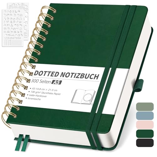RETTACY Notizbuch A5 Dotted, Bullet Dot Journal mit 100 g/m² Dickem Papier, 150 Blatt, Notebook für Büro und Schule, Lederhülle, Dunkelgrün, 14.8 cm x 21 cm