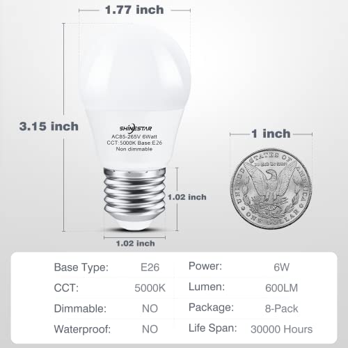 Shinestar 8-Pack A15 Led Ceiling Fan Light Bulbs 5000K Daylight, E26 Standard Base 6W (60W Equivalent), High Cri 85+ For Natural And Radiant Colors, Non-Dimmable #TOP1
