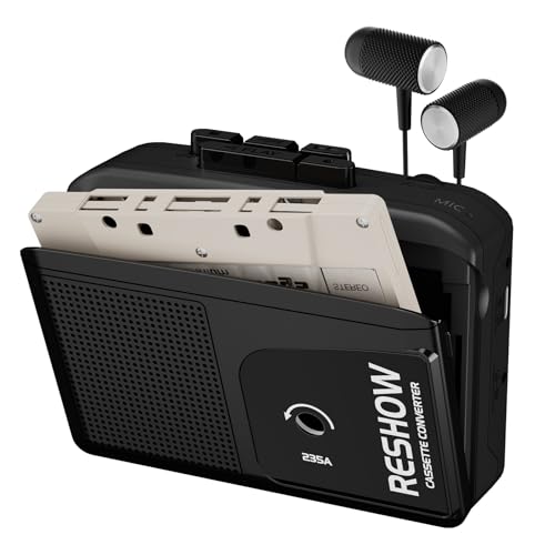 Reshow Lecteur de Cassettes Portable Microphone et Haut-Parleur Intégrés, Convertisseur USB Cassette-MP3, Enregistrement Inversé sur Bande, Magnétophone...