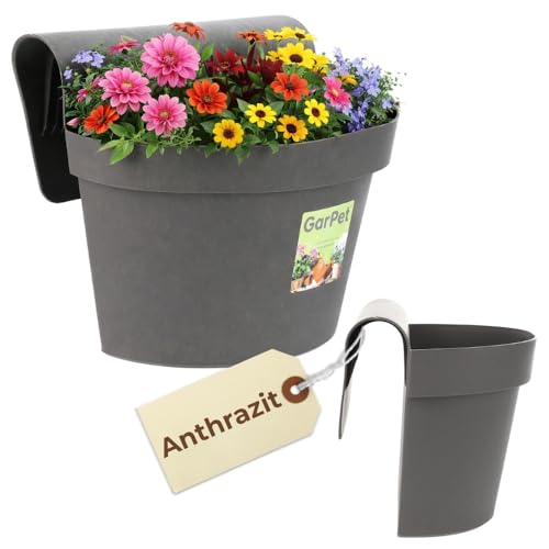 GarPet Geländertopf Balkon Hängeblumentopf mit Wasserspeicher Blumentopf zum Einhängen Balkon Blumentopf Anthrazit Balkongeländer Blumenkasten Geländerkasten Balkontopf