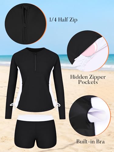 Image of Girls Rash Guard Swimsuit Long Sleeve Swim Shirt with Pockets UPF 50+ 7-16Y | Two Piece Set with Boy Shorts,Swimsuit Top with Side Zip Pockets,Quick-Qrying,Half-Zip & Drawstrings Design,Color Block