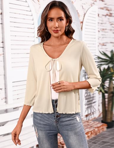 Image of Aiboria Women's Tie Front Shrug 3 /4 Sleeve Ribbed Bolero Lightweight Cropped Cardigan S-XXL
