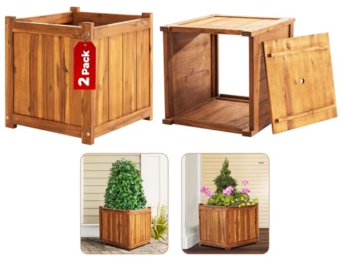 Idzo Set of 2 Hardwood Outdoor Flower Box, Durable Acacia Wood Flower Boxes for Outdoor Plants with Ergonomic Handles, Drainage Holes, Multiple Sizes Wood Bucket Planter for Home Décor