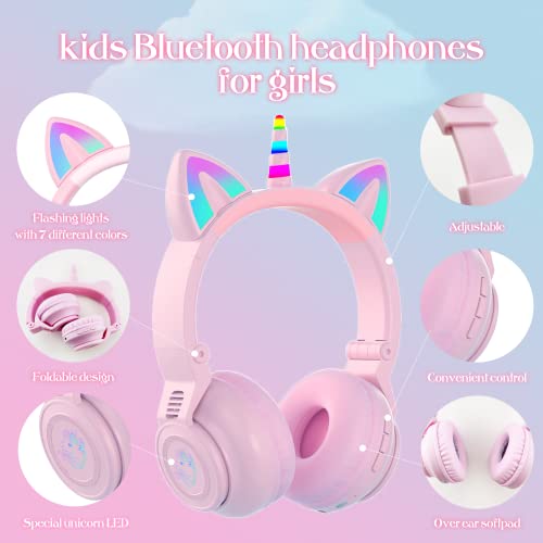 hisonic Kopfhörer Kinder Bluetooth, Over-Ear Einhorn Bluetooth Kopfhörer Mädchen mit Bunte Lichter, Mikrofon und SD… - Image 3