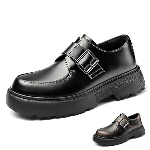 Men's Leather Monk Strap Platform Chunky Heel Loafers Retro Classic Round Toe Heightening Non Slip Lug Sole Slip on Business Block Heel Dress Loafers for Work Wedding