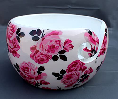 Image of Multi Purpose Wooden Yarn Bowl - Yarn Holder Rosewood - Knitting Bowl Handmade Wooden Yarn Bowl for Knitting and Crochet | Large Knitting Bowl Mother's Day Gift (Pink Flower)