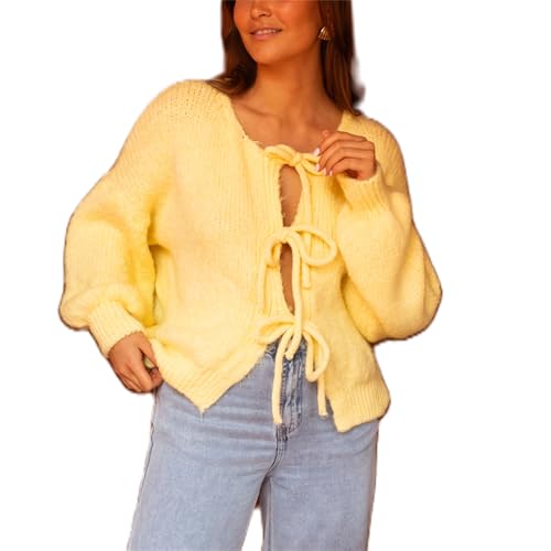 Women Cute Tie Front Sweater Y2k Long Sleeve Crew Neck Lace Up Bow Crochet Knit Cardigan Loose Fit Going Out Jumper