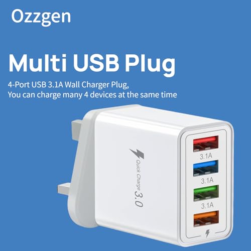 Multi USB Charger Plug UK, 4-port Usb Charger Plug with QC 3.0, Fast Charging Plug for iPhone, Samsung, Power Adapter for Cellular Phone Ozzgen - Image 3