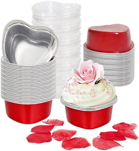 BLVRYVIO Heart Shaped Cake Pans for Baking with Red Petals, 50 Sets Aluminum Cupcake Cups with Lids, 100 ml/ 3.5 Ounces Red Disposable Mini Foil Pans for Valentine's Day Wedding Parties