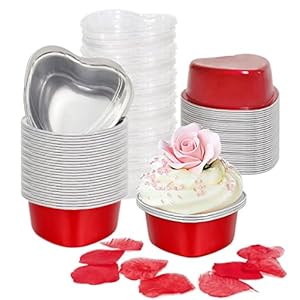 BLVRYVIO Heart Shaped Cake Pans for Baking with Red Petals, 50 Sets Aluminum Cupcake Cups with Lids, 100 ml/ 3.5 Ounces Red Disposable Mini Foil Pans for Valentine’s Day Wedding Parties