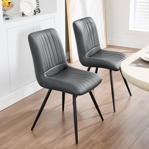 Image of Dining Chairs Set of 2, Modern Dining Chairs with Thick Cushions, PU Leather Upholstered Kitchen Dining Room Chairs with Metal Legs for Dining Living Room (Dark Grey)