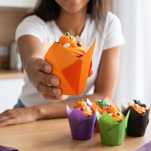 Image of 200 Pieces Tulip Cupcake Muffin Liners Greaseproof Paper Baking Cups Cupcake Wrappers for Halloween Party Birthday Wedding Baby Showers Catering (Black /Green /Orange /Purple)