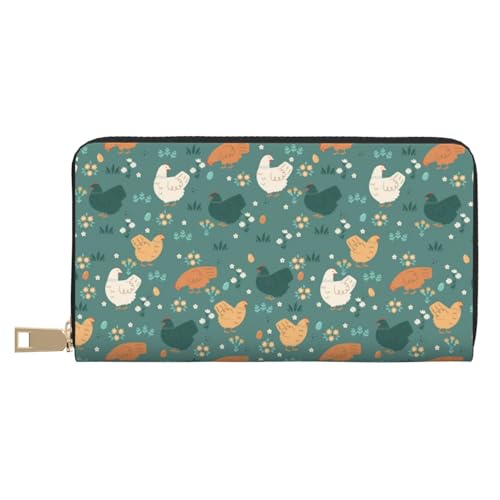 Leather Thin Slim Wallets for Women Men - Cute Chicken Meadow Flowers Green Clutch Wallet for Women Men with Zipper