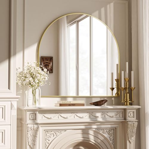 Image of VooBang Wide Arched Wall Mirror, 31 x 32 inch Arch Bathroom Mirror, Wall Mounted Vanity Mirror with Arch Metal Frame, Modern Bathroom Vanity Mirror for Bedroom, Living Room, Hanging or Leaning, Gold