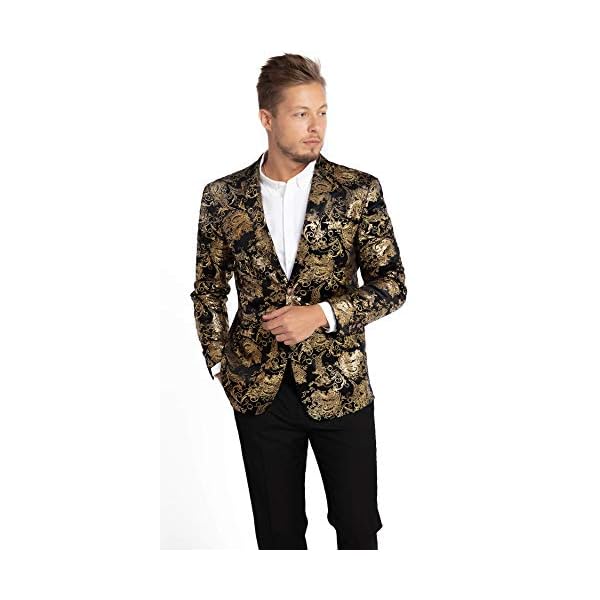 WULFUL Men's Luxury Casual Dress Floral Suit Notched Lapel Slim Fit Stylish Blazer Jacket Party Coats…, Gold, Large - Image 4