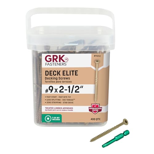 GRK Fasteners Deck Elite #9 x 2-1/2 Inch Decking Screws, 400 PCS, Corrosion Resistant Coating, Outdoor Fencing, Railing, and Deck Fasteners, Fast Bite Tip, Star Drive Recess, T-25 Bit Included, Tan