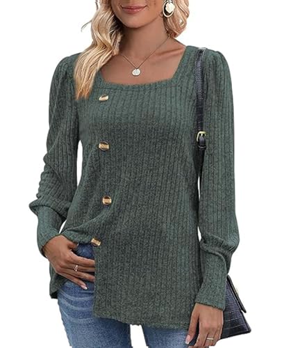 MYCOLORBLUE Damen Herbst Pullover Tunika Weich Stretch Langarm Deko Knöpfen Strickpullover T Shirt Grün S