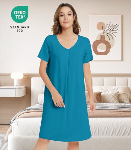 Image of NACHILA Nightgowns for Women-Viscose Made from Bamboo,Short Sleeve Nightshirts V Neck Sleep Shirt Loose Sleep Dress