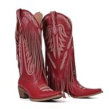 Mattiventon Red Cowboy Boots for Women Fringe Knee High Cowgirl Western Boots with Retro Embroidery Pointed Toe Chunky Heel for Weddings Parties