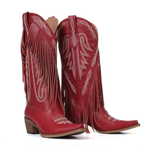 Mattiventon Red Cowboy Boots for Women Fringe Knee High Cowgirl