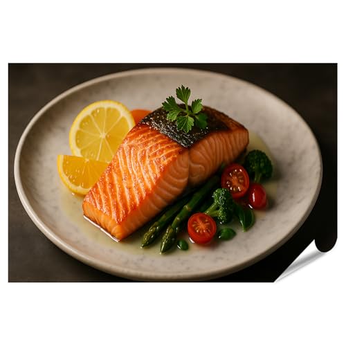 islandburner Póster elegante con filete de salmón sobre plato - Arte para la cocina o - Póster de gran formato