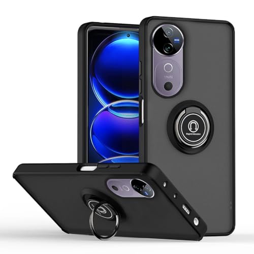 SEAHAI Case for Vivo V40 5G / Vivo V40 Pro 5G, Ultra Thin Hard Translucent PC Matte Back Soft TPU Silicone Dual Layer Hybrid Shockproof Cover, with Ring Holder Kickstand, Black