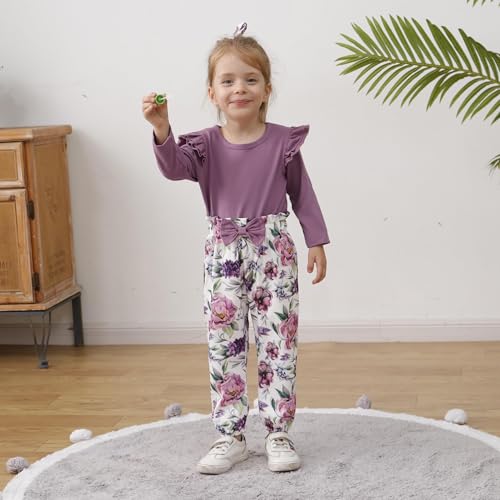 Image of SANMIO Toddler Girl Clothes Cute Ruffle Sleeve Shirt Floral Pants Headband | 3Pcs Fall Winter Outfits Kids Girls Clothing Set 1-6T