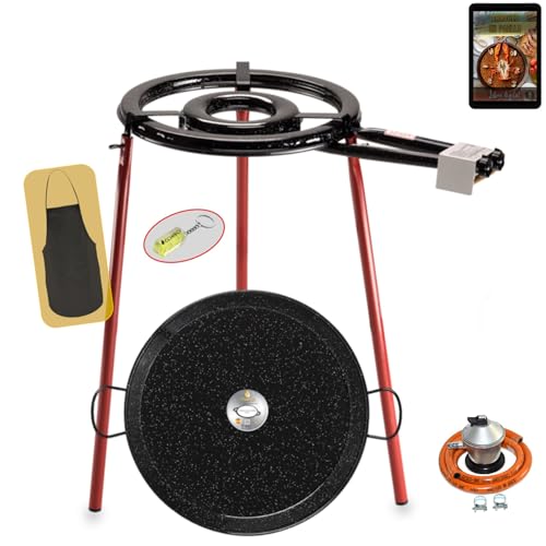 COMBOI Paellero de gas butano Kit Profesional, Quemador plano 35 cm, Paellera Esmaltada 46 cm, Regulador, Manguera, Patas Reforzadas, Nivel, Delantal, Libro Recetas Digital (Kit Paellero Pro-E 35 cm)