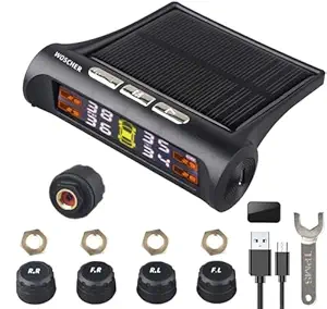 Woscher Tyre Pressure Monitoring System for Car | Car Gadgets | Wireless Solar Power & USB Charger TPMS for Cars | Tyre Pressure Monitor with 5 Alarm Modes | LCD Color Display with 4 External Sensors