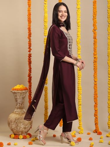 Image of GoSriKi Women's Rayon Viscose Embroidered Straight Kurta with Pant & Dupatta