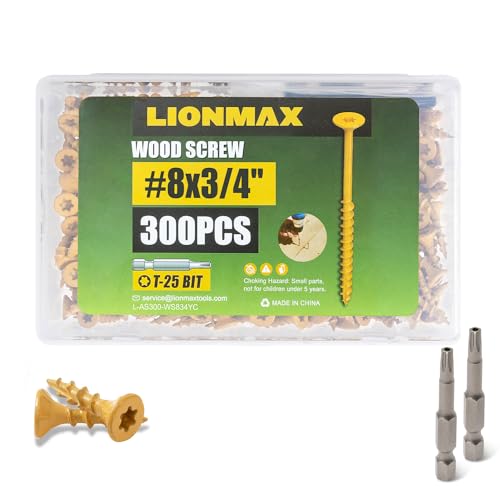 Image of LIONMAX Deck Screws 3 /4 Inch, Wood Screws #8 x 3 /4 inch, 300 PCS, Rust Resistant, Exterior Epoxy Coated, Outdoor Decking Screws, Torx /Star Drive Head Screw, T25 Star Bit Included, Tan
