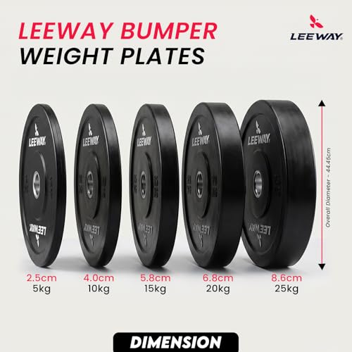 Image of Leeway Olympic Barbell with Bumper Weight Plates | 30 Kg Rubber Weight Plate Set and 7.2 Ft Chrome Gym Bar | Olympic Weightlifting Gym Plates for Home and Commercial (30kg Set (5X2+10X2))