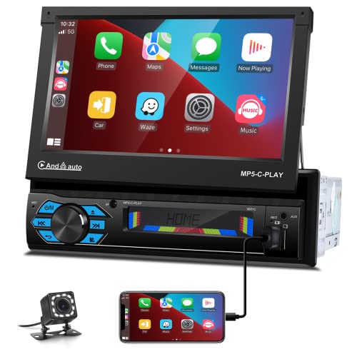 Podofo 1 Din Autoradio Apple Carplay Bluetooth avec 7 Pouces HD Ecran Android Auto/Lien Miroir Tactile Retractable et Caméra de recul Autoradio Ecran Motorisé