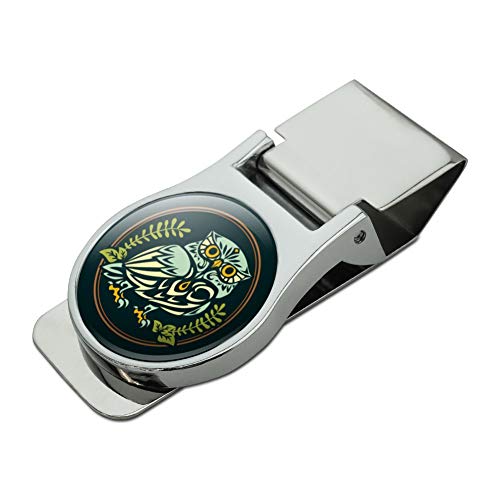 Wise White Tribal Owl Satin Chrome Plated Metal Money Clip