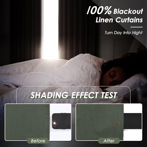 Image of Olive Green 100% Blackout Linen Curtains 63 Inch Length for Bedroom Back Tab Thermal Insulated Modern Farmhouse Decor Black Out Curtain for Living Room Dining Room Rod Pocket Drapes 52x63, 2 Panels