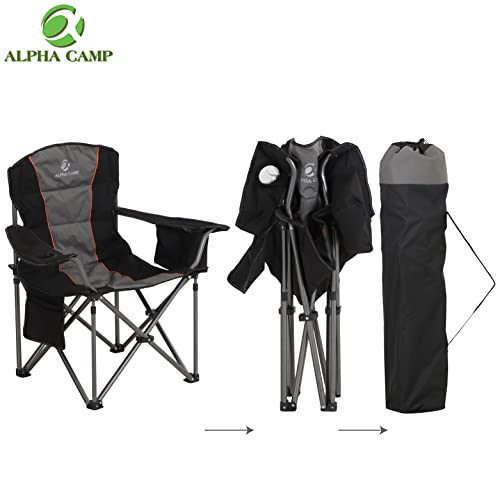 Foto von ALPHA CAMP Campingstuhl Faltbar Klappstuhl Gepolstert mit Getränkehaltern Angelstuhl mit Armlehnen bis 200kg Outdoorstuhl, Schwarzgrau