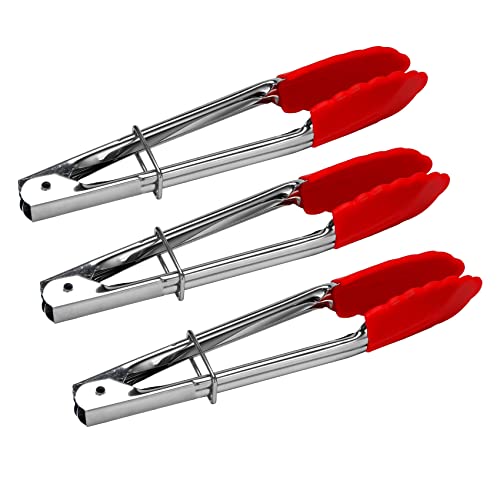 Cpolebev Pinzas Pequeñas con Puntas De Silicona 7 Pulgadas Pinzas De Cocina - Juego De 3 - para Servir Comida, Cocina, Ensalada, Barbacoa Rojo