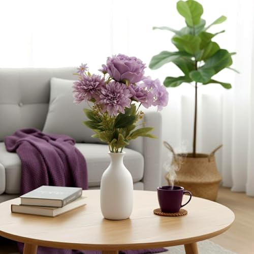 Image of Artificial Flower Bouquet - Purple Silk Roses, Peony & Mixed Flowers with Green Leaves | Realistic Faux Floral Arrangement for Home Decoration, Wedding, Party & Gift