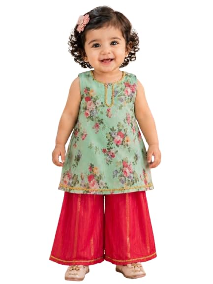 Image of Pspeaches Girls Georgette Sleeveless Round Neck Floral Print Kurta With Palazzo 2 Piece Set|Ethnic Wear For Cute Baby Girls|Traditional & Festive Outfit