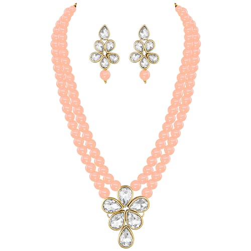Image of Peora Crystal Faux Pearl Kundan Necklace & Jewellery Set Gift for Women