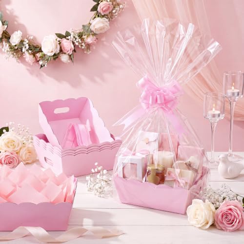 Image of Fuyoooo 8 Pack Pink Basket for Gifts Empty to Fill, 10 inch x 8 inch Thick Sturdy Kraft Scalloped Edge Gift Basket with Handle, 8 Wrap Bag 8 Bow 16 Tissue Paper for Christmas Wedding Birthday Wrapping Gift