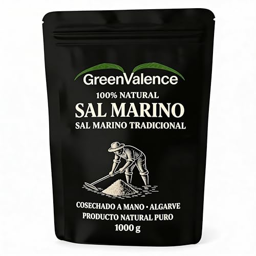 GreenValence Sal Marinho Tradicional – Sal Marina Gruesa 100% Natural del Algarve, Cosechada a Mano, Sin Refinar, Rica en Minerales, Sin Aditivos, Sal Gourmet Premium para Cocina y Parrilla (1000 g)