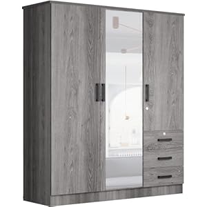 Violet Wardrobe Mirrored Door Closet 3 Doors and 3 Drawers (Grey)