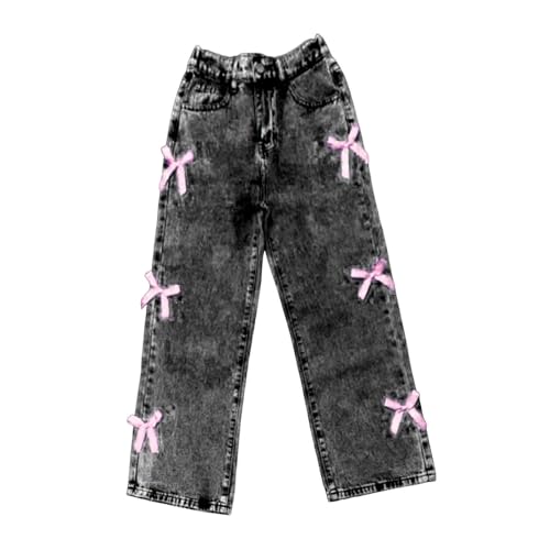 Girls Baggy Jeans Wide Leg Bow Zipper Casual Wash Denim Pants Fall Loose Fit Straight Leg Trousers with Pocket