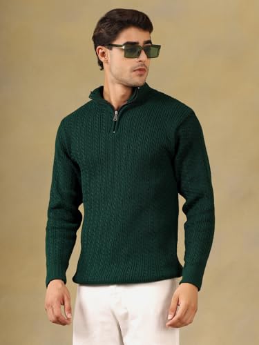 Image of Kvetoo Men's Full Sleeve High Neck Zipper Sweater| Warm Cable Knit Quarter Zip Pullover | Wool Winter Sweater for Casual & Office Wear