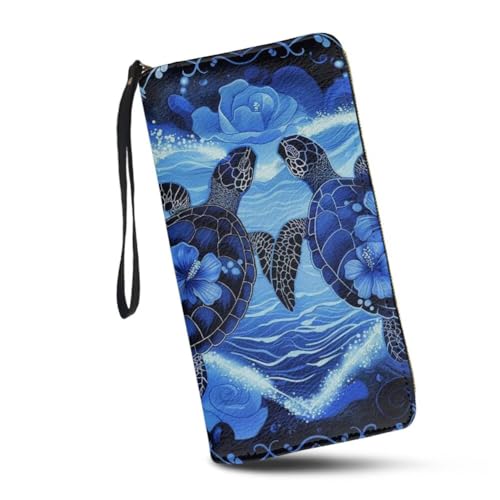 Blue Sea Turtle Floral Wallet for Womens Around Zipper Long Purse Rfid Blocking Card Holder Clutch Bag Wristlet Wallet