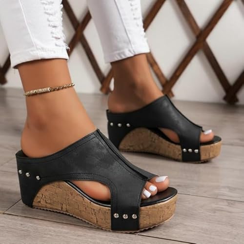 Cork Wedges Platform Slides, Women's Thick Sole Comfy Leather Wedge Non-slip Sandals, Summer Platform Cork Wedge4