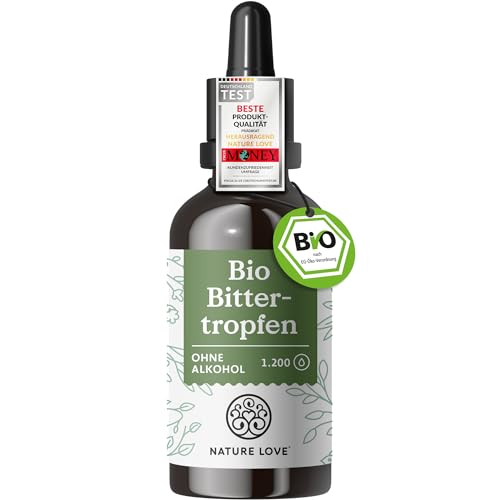 NATURE LOVE® Bio Bittertropfen ohne Alkohol nach Hildegard von Bingen (50ml) - hochdosierte Bitterstoffe Tropfen als 5:1 Extrakt aus erlesenen Kräutern und Pflanzen - vegan, laborgeprüft