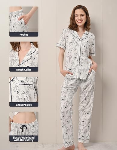 Image of NAP BOUND 100% Cotton Women's Pajama Sets Short Sleeve Button Down Soft Pjs 2 Piece Lounge Set with Pocket Nightwear XS-XXL